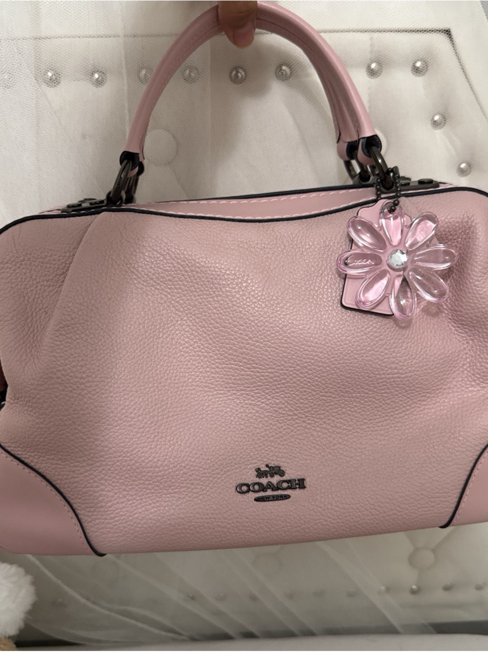 Coach Pink Pebbled Leather Satchel with Flower Charm Accent